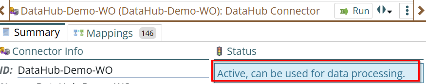 Shows an Active DataHub connector ready for import